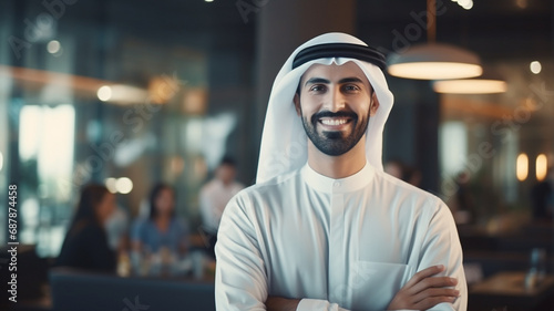 Portrait of happy Young Arab businessman looks in camera at office background. photo