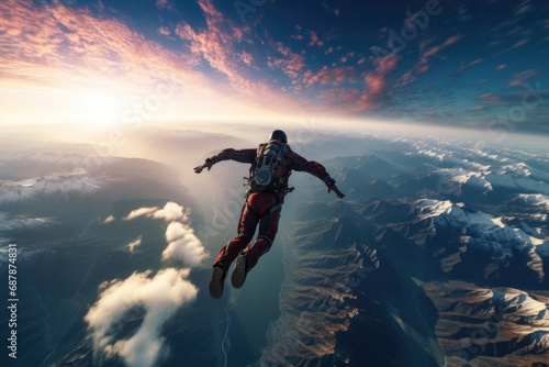 A man hovers in the air in free fall before opening a parachute photo