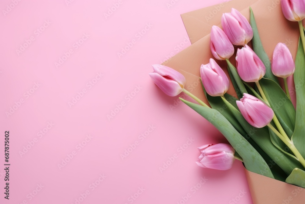 Fresh tulips in a craft envelope on a pink background
