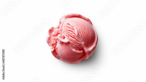 One rounded scoop strawberry ice cream, top view on white background, photorealistic no cone