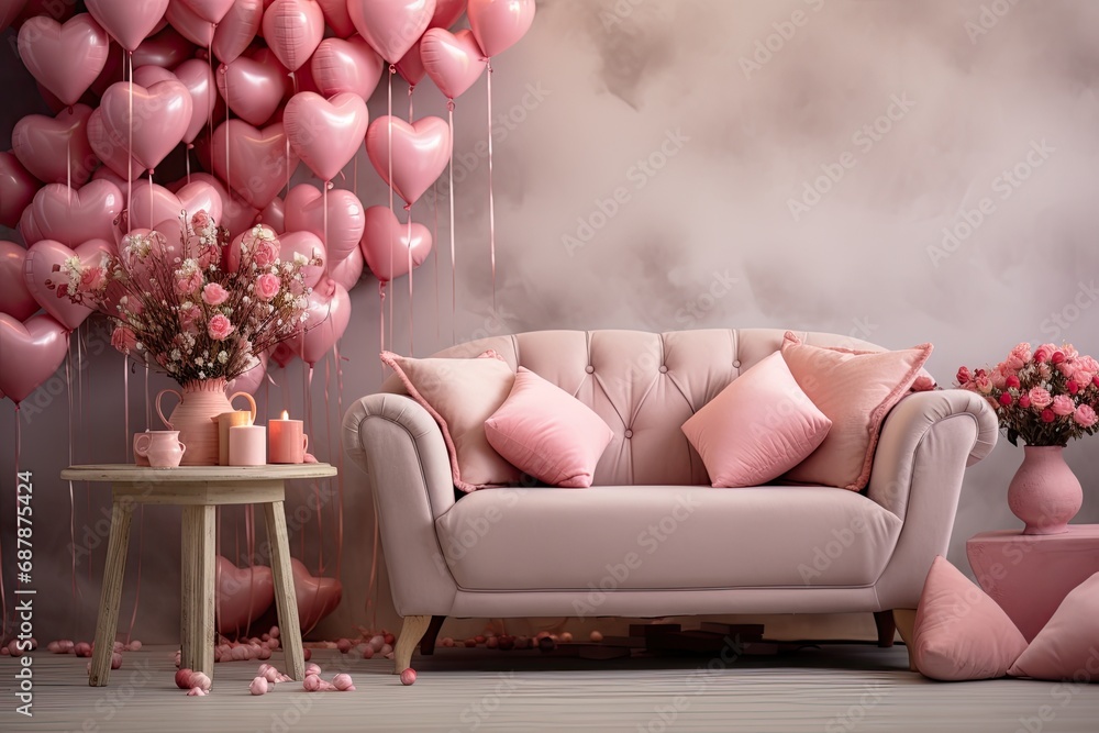 Φωτογραφία Elegant and joyful decoration of the room - pink balloons, festive furniture and a bright holiday atmosphere