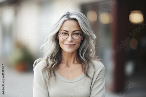 Happy and stylish senior woman radiating confidence and joy, enjoying the outdoors in a natural setting.