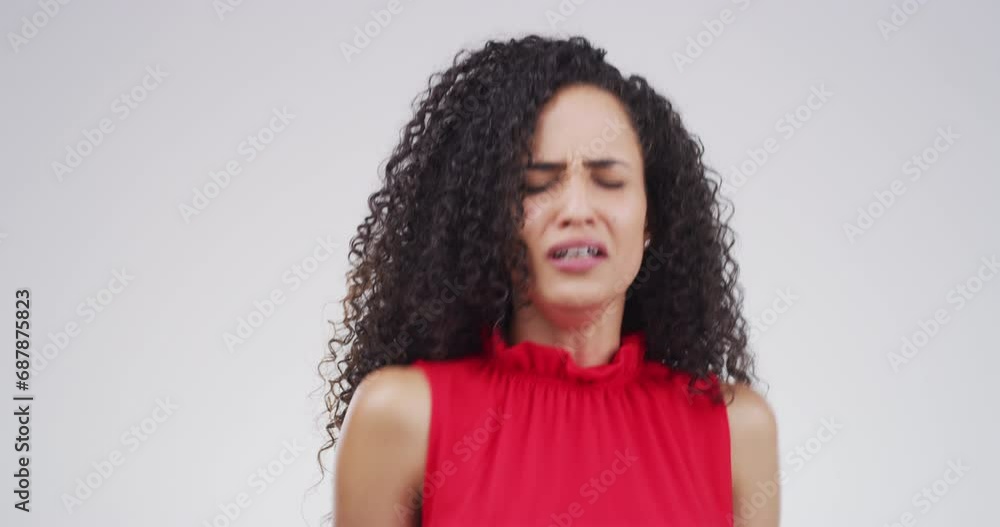 Stress, frustrated and face of woman on a white background with upset, crisis and negative expression. Burnout, angry and portrait of person with body language for anger, tantrum or problem in studio Stress, frustrated and face of woman on a white background with upset, crisis and negative expression. Burnout, angry and portrait of person with body language for anger, tantrum or problem in studio