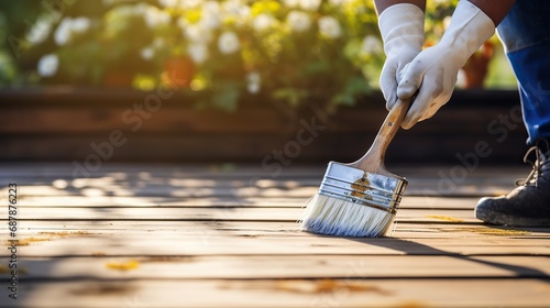 Coating with colored protective paint on the wooden surface of the lining boards. Hand with a brush paints a bright turquoise surface outdoors in Sunny weather