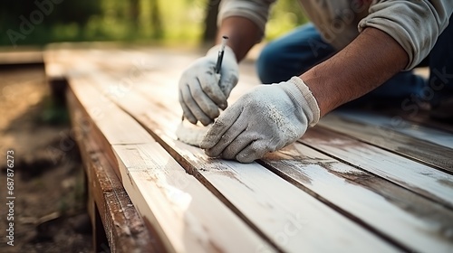Coating with colored protective paint on the wooden surface of the lining boards. Hand with a brush paints a bright turquoise surface outdoors in Sunny weather