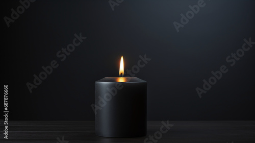 A solitary black candle burns with a soft glow against a dark backdrop