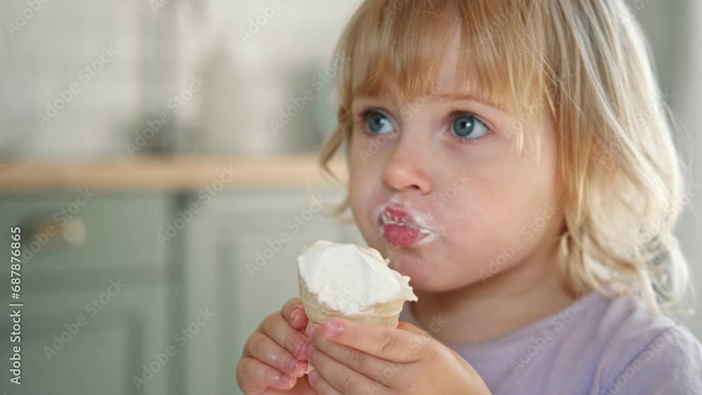 Baby girl enjoying ice cream. Pretty little toddler eating an ice-cream indoors, at home. Dining room background. Small child eats plombir and cream messy on her mouth. Cute kid with tasty sweet food. Baby girl enjoying ice cream. Pretty little toddler eating an ice-cream indoors, at home. Dining room background. Small child eats plombir and cream messy on her mouth. Cute kid with tasty sweet food.