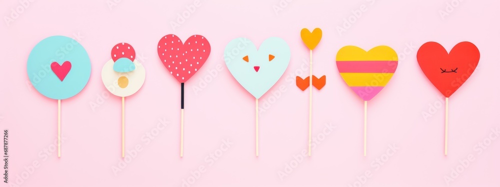 concept for valentine's day, mother's day, march 8. on a pink background, multi-colored paper cut out figures of hearts, circles and flowers with space for text