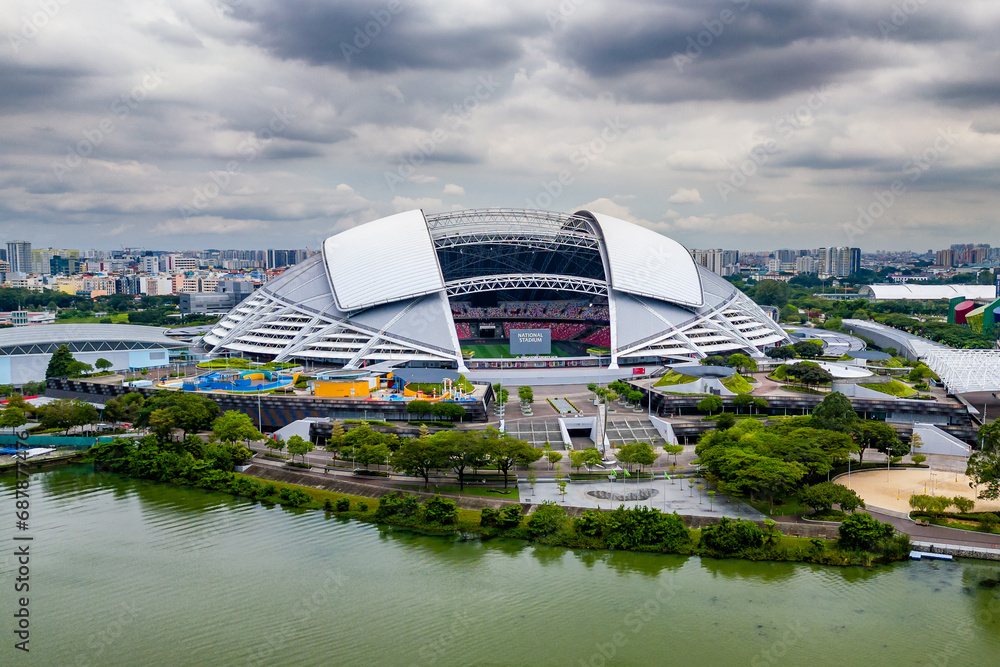 Aerial view of the Singapore National Stadium located next to the Kallang Basin and reservoir