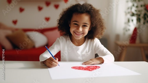 concept for valentine's day, mother's day, march 8. multiethnic african american girl nine years old happy looking at the camera preparing a gift for her mother drawing a heart out of paper photo