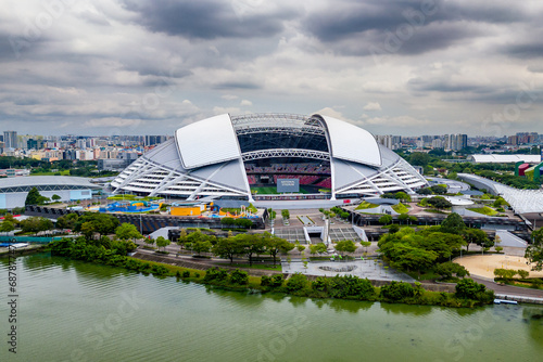 Aerial view of the Singapore National Stadium located next to the Kallang Basin and reservoir