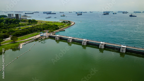 Photography Large amounts of shipping in the strait outside the city of Singapore