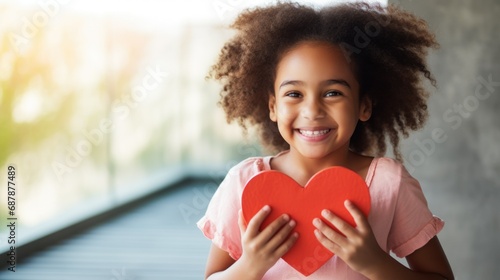 concept for valentine's day, mother's day, march 8. multiethnic african american girl nine years old happy looking at the camera preparing a gift for her mother drawing a heart out of paper photo