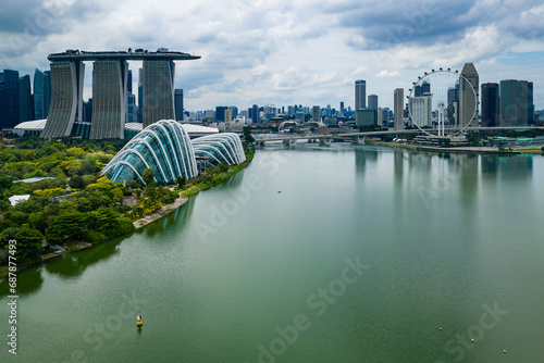 Aerial view of the reservoir and Marina Bay area of the modern city of Singapore
