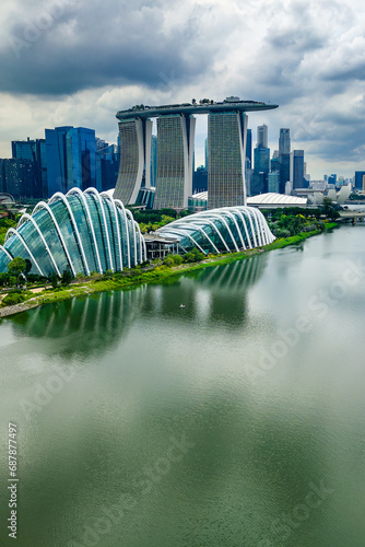 Aerial view of the reservoir and Marina Bay area of the modern city of Singapore photo
