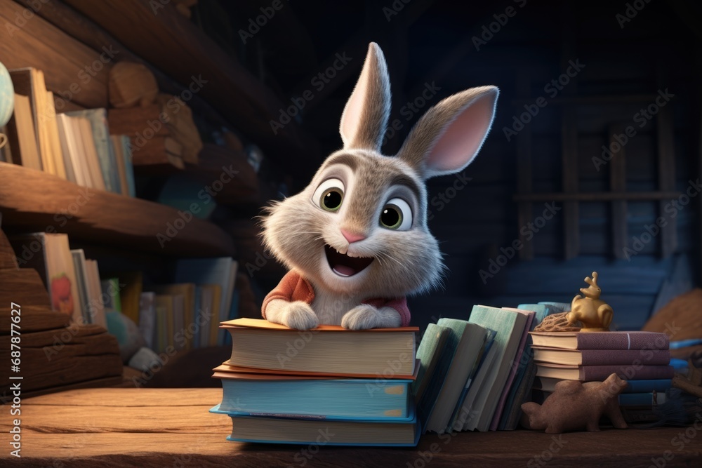The hare is reading books in the library