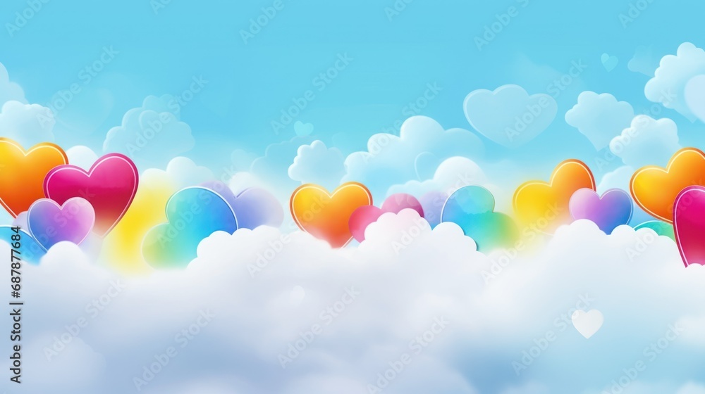 concept banners, Valentine's day, postcard, March 8 holidays. multicolored banner with rainbow and hearts on a blue background with space for text in the middle