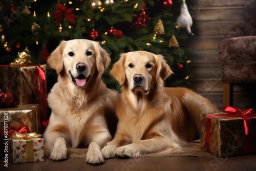 Two Labradors are lying near the Christmas tree