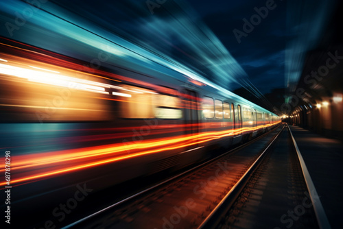 fast moving train in motion  fast moving train at night  fast moving train  Trails of light left by a moving train in the darkness of night 