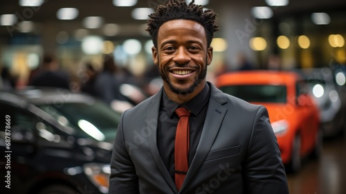 Portrait of happy black man standing in car showroom © Алина Бузунова
