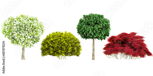 Jungle Japanese Maple,Plum,Fresh goldish shrub trees shapes cutout 3d render set © Saifstock