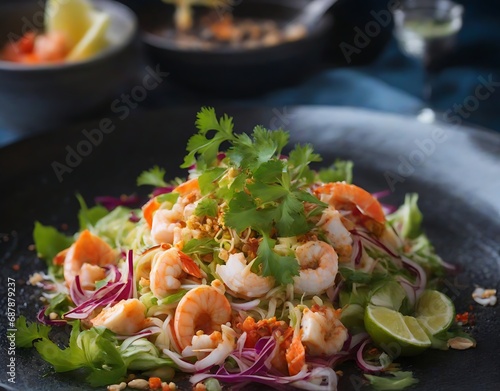 Spicy seafoods Salad with Fish fermented Thaifood. Created with Generative Ai technology.