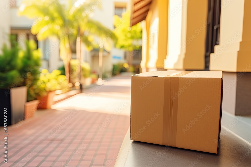 Sunny delivery scene with a lone parcel, symbolizing efficient service, without anyone in sight.