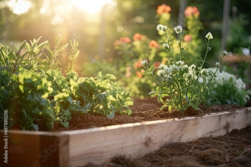 Vibrant organic vegetable garden in a raised bed, flourishing with fresh, homegrown produce. photo