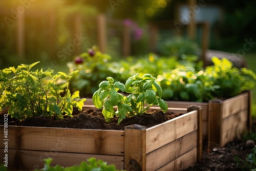 Lush organic vegetable garden in a raised bed, promoting fresh, healthy, and sustainable home cultivation. photo