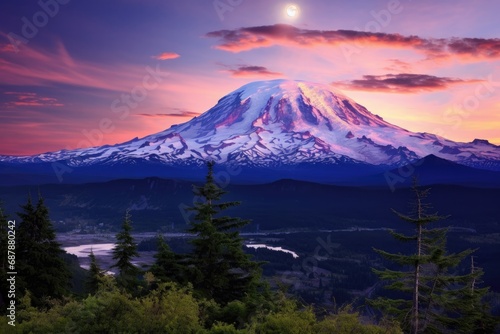 Majestic sunrise over Mount Hood, Oregon, with snow-capped peaks, a serene lake, and lush forest.