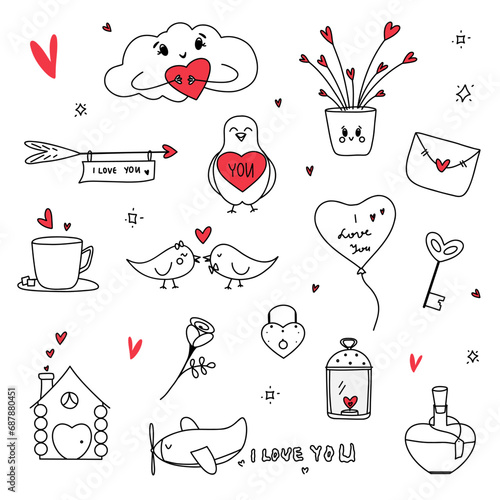 Valentine's Day illustration set. Doodle style. love symbols hearts, lovebirds and more