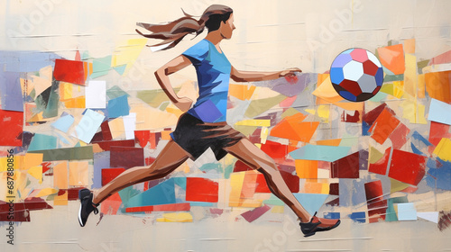 Dynamic paper art collage of a female football player in action, showcasing athleticism and empowerment. Concept of women in sports, portraying strength, determination, beauty of the game