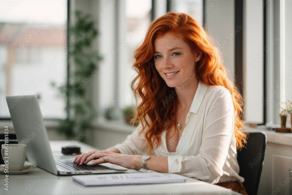 A happy smiling red-haired businesswoman is working on a laptop in a cozy modern office at her favorite job. A happy smiling red-haired businesswoman is working on a laptop in a cozy modern office at her favorite job.