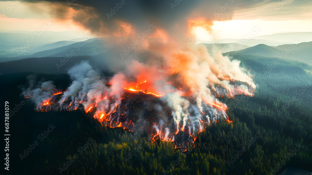 Aerial photography of a large scary forest fire, natural disaster concept.