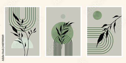 Abstract geometric, natural shapes poster set in mid century style. Modern illustration: tropical palm leaf, geo elements for minimalist print, poster, boho wall decor, flat design Vector minimal art 