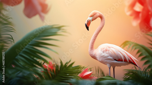 Pink flamingo background with tropic leaves