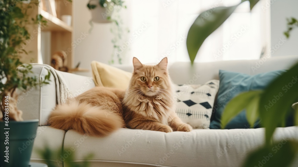 Cute red cat sitting on the sofa at cozy home