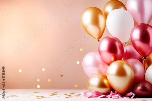 Fondo para cumpleaños fiesta y celebración con globos rosa, dorados blancos y tonos pastel con confeti.