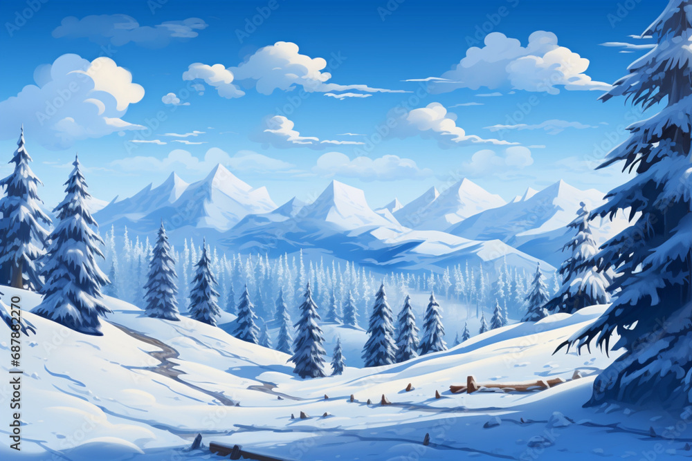ski resort in the mountains, snow covered mountains , Winter scene with snow. Snow-covered trees on the background of the forest. Snowdrifts sparkling in the cold and frozen fir trees. Christmas scene