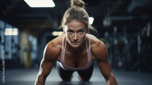 Woman engaging in fitness exercises at gym, Highlighting her dedication and intensity of workout, AI Generated
