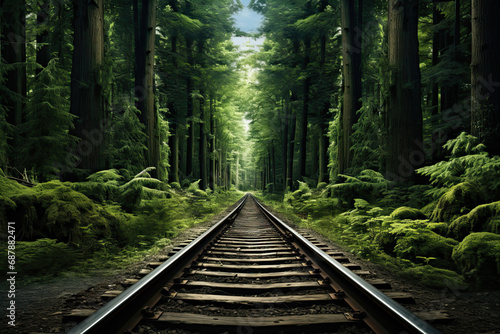 old railroad tracks in a green forest