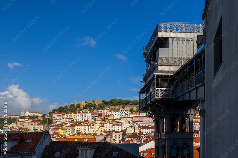 Lisbon Cityscape With Santa Justa Lift In Portugal