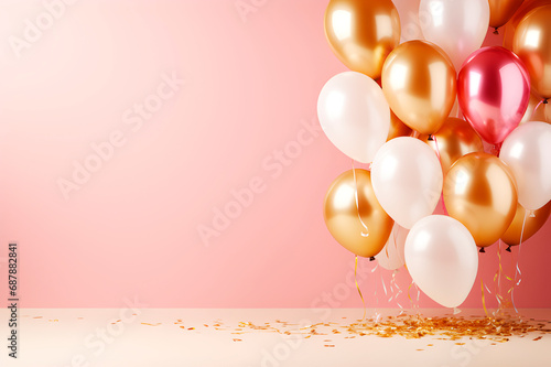 Fondo de cumpleaños en tonos pastel con globos color rosa y dorado con espacio para texto.