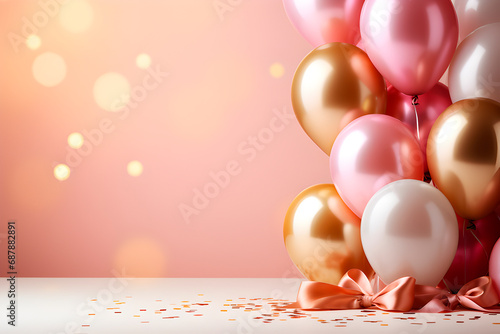 Fondo de banner de celebración de cumpleaños con confeti y globos en tono rosa pastel y dorados photo