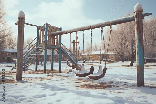 An abandoned playground covered in snow during winter, with swings and slides blanketed in white, creating a scene of silent, cold stillness and desertion. photo