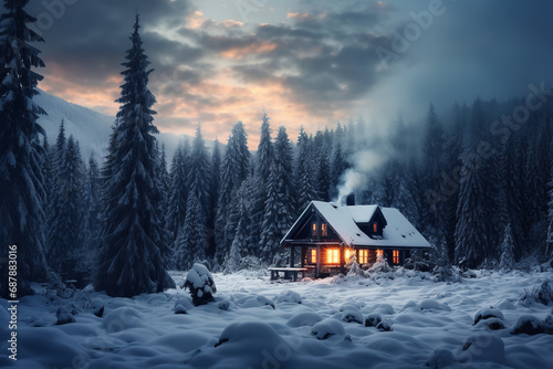 A lone cabin nestled in a clearing of a snow-covered forest, with smoke gently rising from its chimney, 
embodying tranquility and isolation in the cold wilderness.