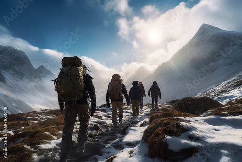 A group of hikers equipped for cold weather trekking through a snowy mountain pass, navigating rugged terrain on an adventure in a winter wonderland.