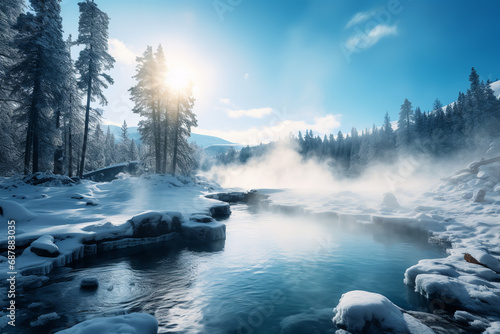 Steam rising from a hot spring in a snowy landscape, creating a serene nature retreat with a striking contrast between hot and cold in a tranquil winter scene.
