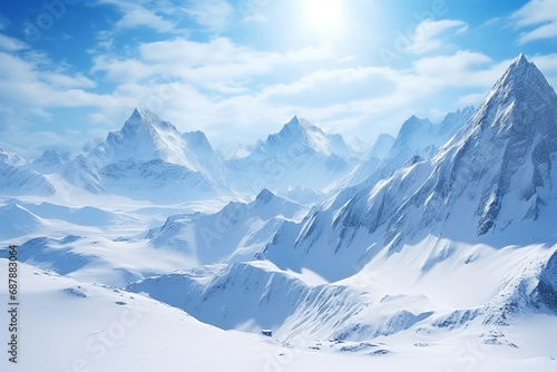 Towering mountain peaks covered in snow and ice, under a clear blue sky, showcasing the harsh beauty of a cold, mountainous environment.