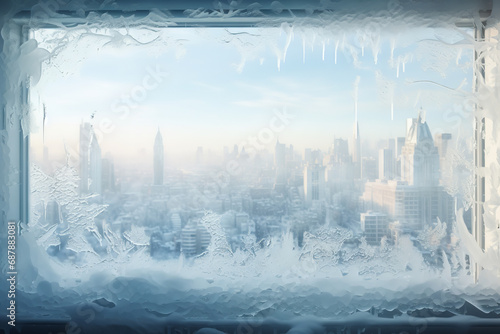 A frosty window offering a view of a snowy cityscape, with intricate frost patterns framing the urban winter scene on a cold morning.